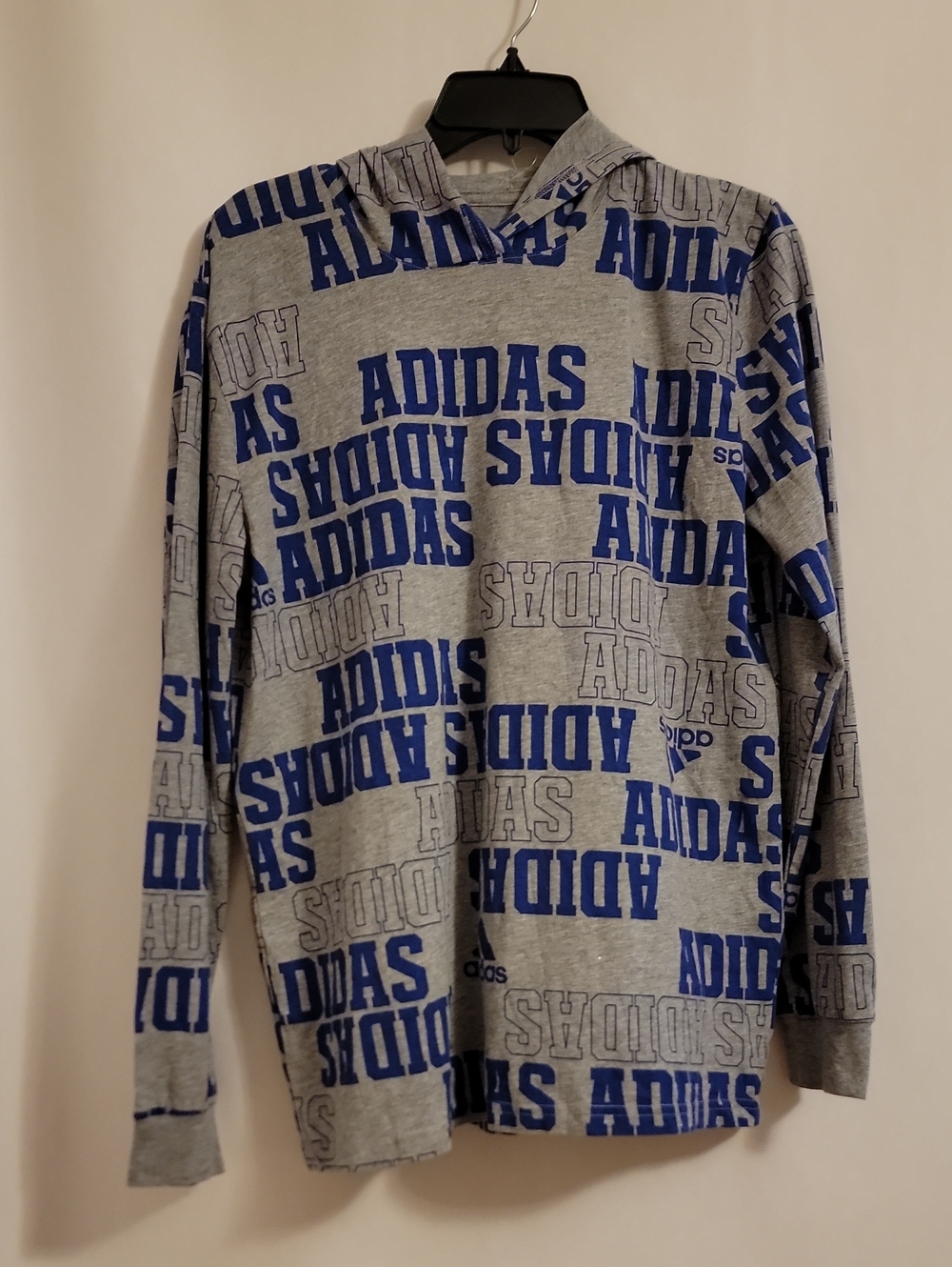 adidas Grey and Blue All-Over Logo Hoodie Shirt Xl(18/20)
